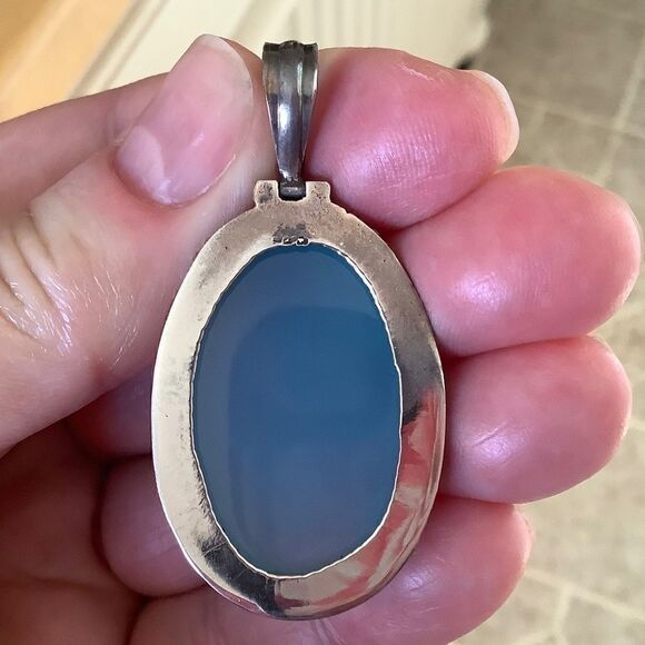 Sterling SILVER 925 BLUE CHALCEDON LARGE OVAL PENDANT​​ - Picture 7 of 9